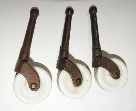 Set of 3 Antique Porcelain & Metal Caster Wheels w Iron Shaft Cover