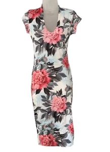 Joe & Elle Floral Bodycon Dress Medium Stretch Knit Midi V-Neck Pink Peonies - Picture 1 of 9