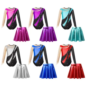 Kids Girls Bodysuit Flared Jumpsuit Color Dance Leotards Keyhole Skirt Figure - Picture 1 of 58