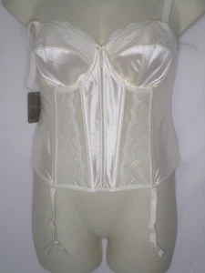 Judy's Long Line Boned Bra Cream Lace Trim Garters Bustier 36E Back Hooks - Picture 1 of 7
