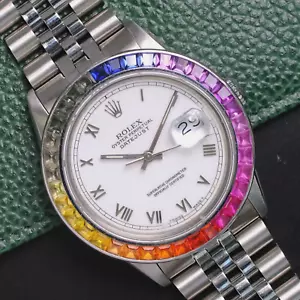 Rolex Mens Datejust Stainless Steel Watch White Roman Dial Rainbow Bezel 16234 - Picture 1 of 24