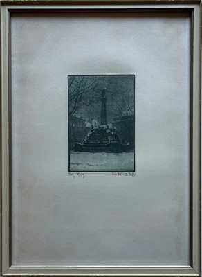 Radierung Fritz Quant Brunnen einer Stadt im Winter 41,8 x 30,2 cm Bilderrahmen - Bild 1 von 4