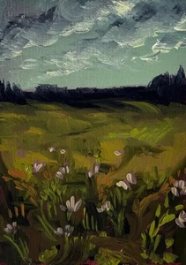 Aceo Original Art Card Oil Painting Flower Field Nature Summer Sky Land Mikah - Picture 1 of 6