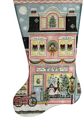 Needlepoint Handpainted Rebecca Wood Christmas Stocking Toy Shop Pink 19" - Image 1 of 4