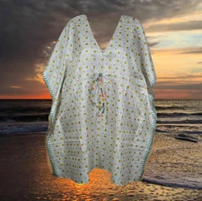 Women Midi kaftan Dress, White Green Travel Fashion, Boho Beach Cover Up M-XL