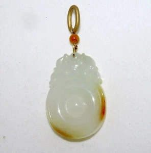 2" Carved Chinese A Grade White & Burnt Orange JADEITE Jade & 14K Coin Pendant - Picture 1 of 12