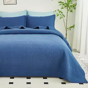 100% Cotton Quilt Set Size Navy Embroidery Pre-Washed 3-Piece King Navy Blue - Picture 1 of 9