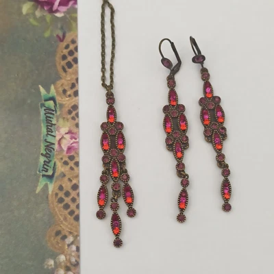 Michal Negrin Set Hot Pink Red Shades 3" Long Earrings Deco Duster Cocktail Gift - Image 1 of 4
