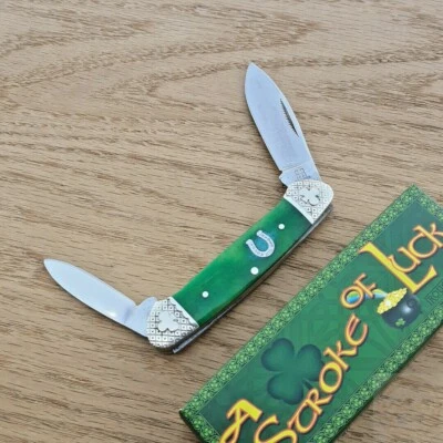 Rough Ryder Canoe Pocket Knife Stainless Steel Blades Green Smooth Bone Handle - Image 1 of 4