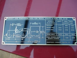 Placa de características willys overland m 38 M38 placa de datos - Imagen 1 de 1