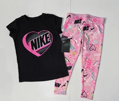 *NUEVO* NIKE Conjunto de 2 piezas de camisa y leggings para niñas talla 6X/7 con logotipo estampado de graffiti  Foto 1 de 4