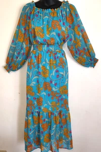 Floral Peasant Midi Dress Sz L LARGE Off Shoulder BOHO Milkmaid Peasant Turquois - Picture 1 of 23
