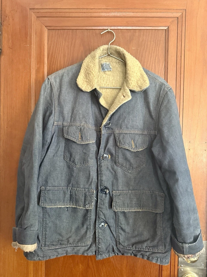 Abrigo de Rancho Denim Western Field Vintage Años 70 Forrado en Piel de Oveja Hecho en EE. UU. Talla 40 Foto 1 de 4
