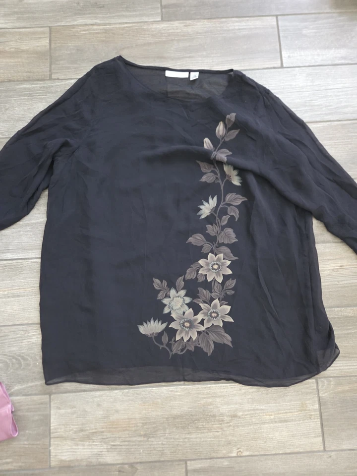 Blusa Valerie Stevens Pura Seda Floral Transparente Con Top Interior Talla 22W Foto 1 de 4