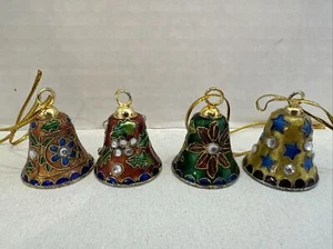 4 Vintage Cloisonné Bell Christmas Ornament Stars, Poinsettia, Flowers #4 - Picture 1 of 10