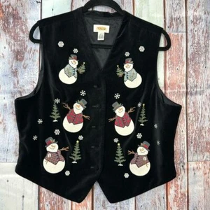 Talbots Women's Large Christmas Embroidered Snowman Black Vest Velvet - Picture 1 of 6