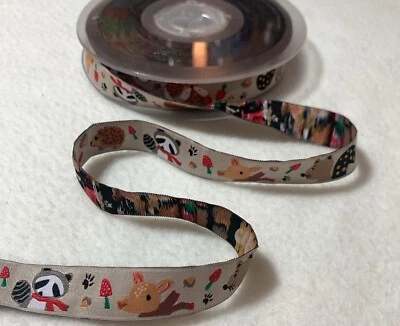 Woodland Forest Animals with Mushrooms Jacquard Ribbon Trim 5/8" Made in France - Image 1 of 4