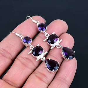 African Amethyst 925 Sterling Silver Gemstone Gift Solitaire Earring 2.5" VJ 758 - Picture 1 of 6