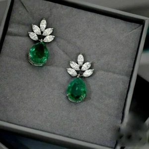 Pear Simulated Emerald Women's Pretty Fancy Stud Earring 14K White Gold Plated - Picture 1 of 4