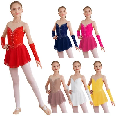 Girls Ice Skating Dress Latin Dance Competition Gymnastics Skirt Leotard+Gloves - Image 1 of 3