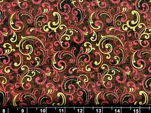 Tina Scrap 9"x21” Maroon Gold Metallic Flower Floral Swirl Cotton Fabric - Picture 1 of 1