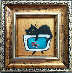 Black cat and fish Painting gold original artwork Funny miniature frame art - Picture 1 of 11