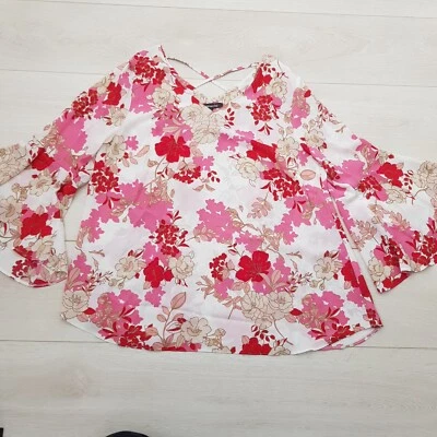 BONMARCHE Summer Blouse Top Size 14 Pink Floral Sheer 3/4 Bell Sleeve Casual - Image 1 of 4