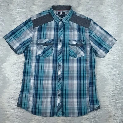 Rock & Republic Men's Large Western Double Pockets Shirt Green Plaid - Image 1 of 4