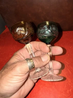 Two Vintage Bohemian Crystal Cut To Clear Cordial Glass Stem  4.75” Tall 2 oz - Image 1 of 4