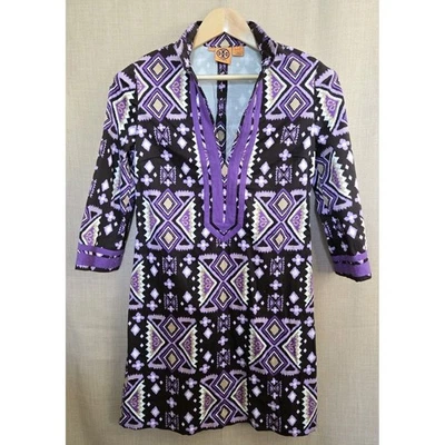 Vestido túnica TORY BURCH roxo Ikat algodão stretch manga 3/4 gola dividida tamanho 6 - Imagem 1 de 4