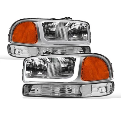 Topline For 1999-2007 GMC Sierra LED Strip Headlights+Corner Signal Amber Chrome - Image 1 of 4