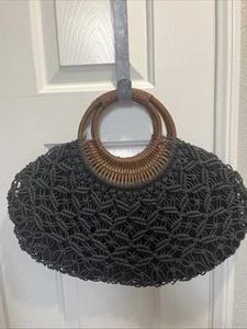 VTG Cappelli Straworld straw handbag Black boho woven raffia Wooden Handle NOS - Picture 1 of 8