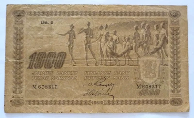 Circulated, Large,  1922 Finnish 1000 Markkaa, Litt C, M608317 Bank Note - Image 1 of 4