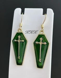 Green Coffin Earrings Cross Crucifix Tomb Goth Gothic Punk Rock Metal Jewellery - Picture 1 of 7