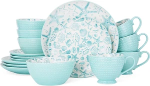 Venice 16-Piece Stoneware Dinnerware Set, Service for 4, Aqua/White - Picture 1 of 12