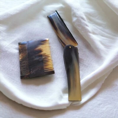 Par de peines de bolsillo medievales plegables de cuerno bovino genuino natural 100 % hechos a mano Foto 1 de 4