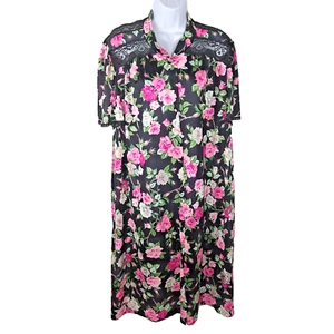 VTG Vanity Fair Nightgown | Black Floral Rose Peignoir Button Front Dress | XXL - Picture 1 of 6