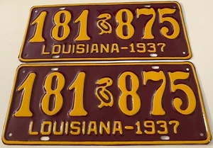 Vintage 1937 Louisiana License Plate Pair 181 875 Pelican RESTORED - Picture 1 of 2
