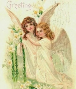 Cute Child Angels Lillies Easter Postcard Embossed - Picture 1 of 3