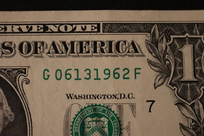 [JUNE 13, 1962] ONE DOLLAR FANCY BIRTHDAY NOTE  SN  G 06131962 F - Image 1 of 3