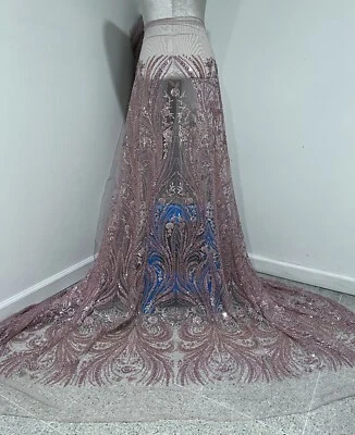 Rose Pink Beaded Sequins Embroidery Bridal Lace Fabric 50” Width Sold By Yard - Image 1 of 4