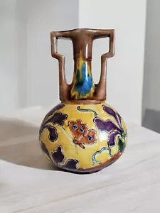 Vecchio vaso Moravia Austria ceramica giallo manico floreale vintage fatto a mano europeo - Foto 1 di 10