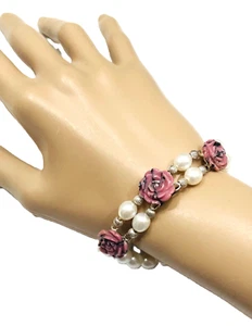 RHODONITE CARVED PINK ROSES & WHITE PEARL SS STRETCH SIGNED BRACELET - Picture 1 of 9