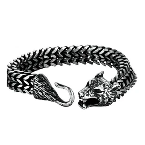 Brazalete con cabeza de lobo vikingo Fenrir negro de acero inoxidable de 8 pulgadas para hombre - Imagen 1 de 5