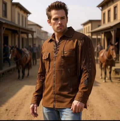 Men Native American Real Suede Leather Premium Western Wear Men's Shirt Jacket - Image 1 of 4