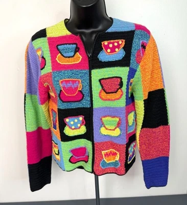 Vintage Susan Bristol Hand-Knit Colorful Cotton Coffee Cafe Cardigan PP (XS) Pat - Image 1 of 4