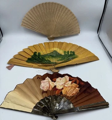 Victorian Hand Painted Silk Fan, Bamboo & Pierced Wood Fan Lot Of 3 “AS IS” - Image 1 of 4