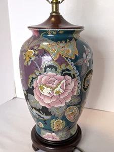 Vtg Table Lamp Asian Urn Ginger Jar Floral Purple Green Pink Wood Base 18" - Picture 1 of 10