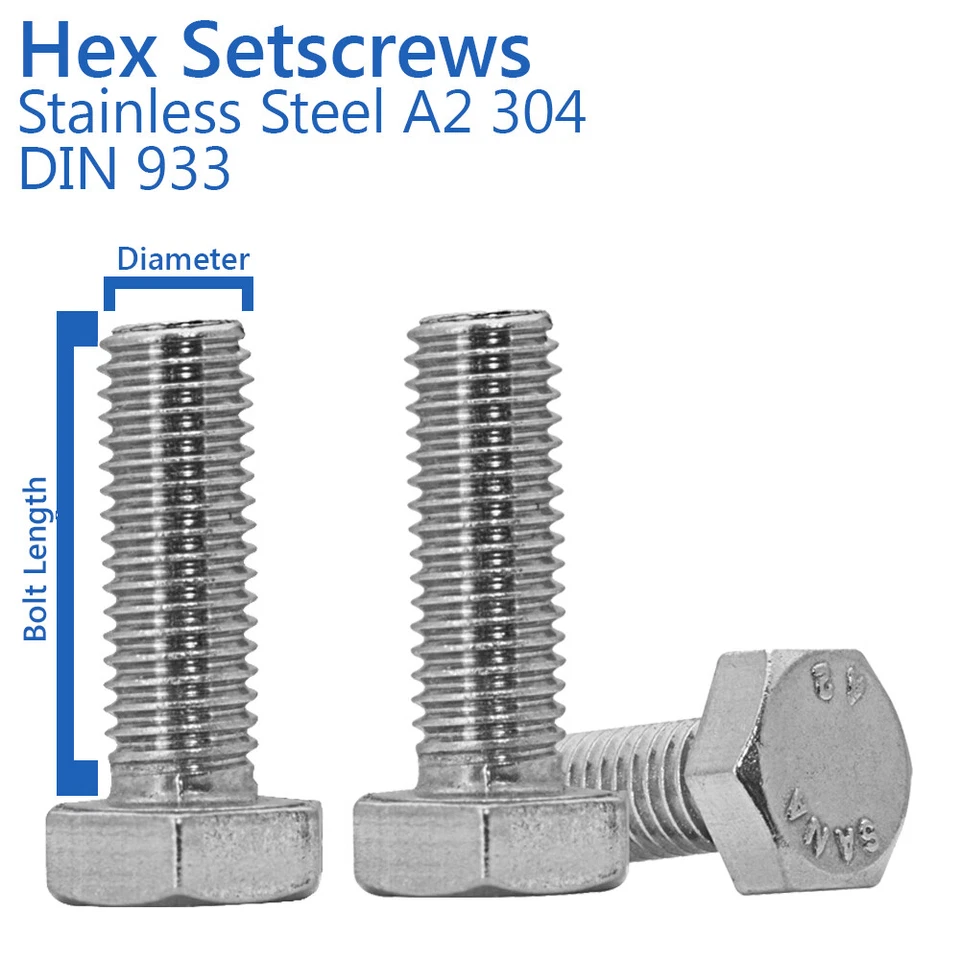 A2Z FAST M6 - 6mm SET SCREWS HEX HEAD FULLY THREADED BOLTS A2 STAINLESS STEEL - DIN 933