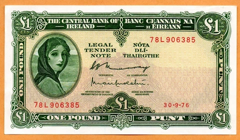 Ireland AU/UNC Note 1 Pounds 1976 P-64d Sigs Murray & O'Murchu Cover